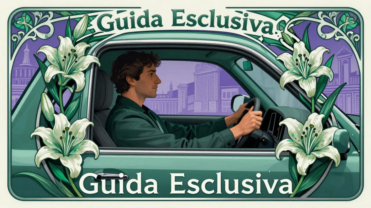 Singolo conducente al volante all'interno di una cornice ornamentale stilizzata