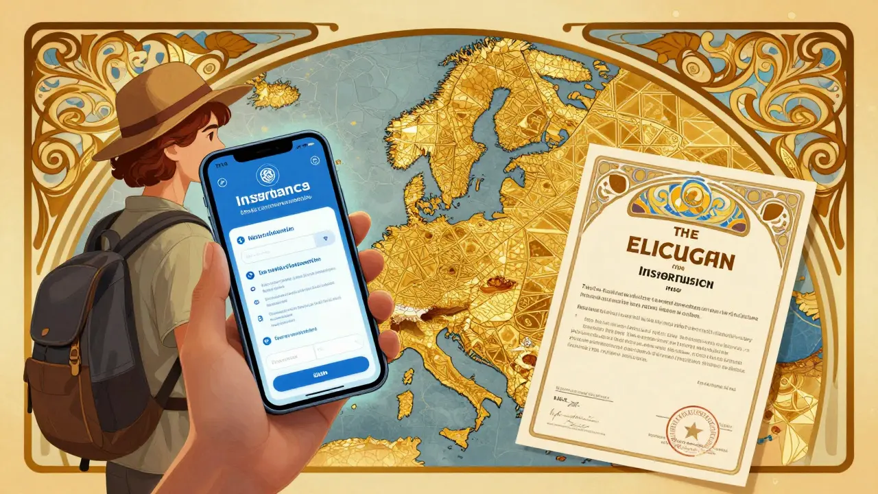 Viaggiatore con smartphone e certificato assicurativo su mappa dell'UE stilizzata.