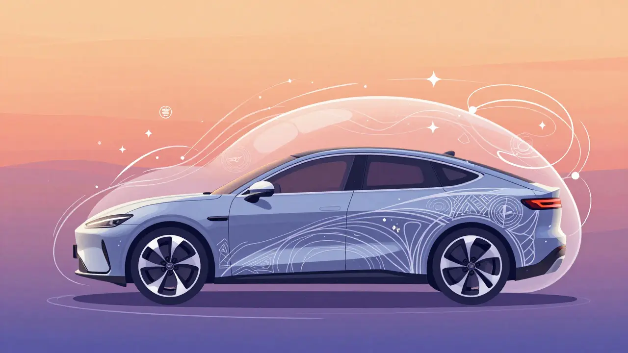 Automobile moderna avvolta in linee fluide e motivi organici che simboleggiano la telemetria futura.