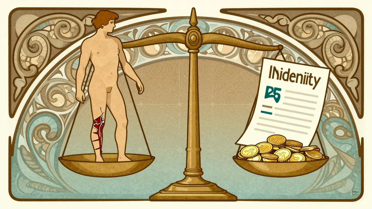 Bilancia simbolica tra invalidità fisica e risarcimento economico in stile Art Nouveau