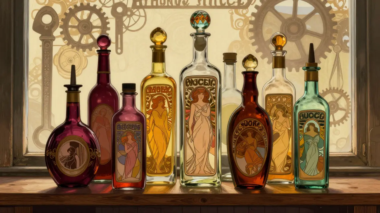Bottiglie di additivi decorate su uno scaffale in stile Art Nouveau