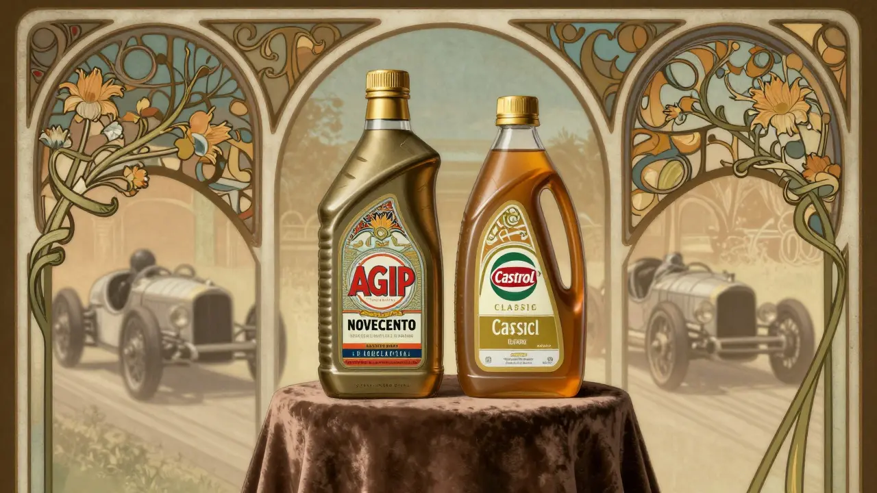 Bottiglie di olio AGIP e Castrol presentate come oggetti preziosi in stile Art Nouveau