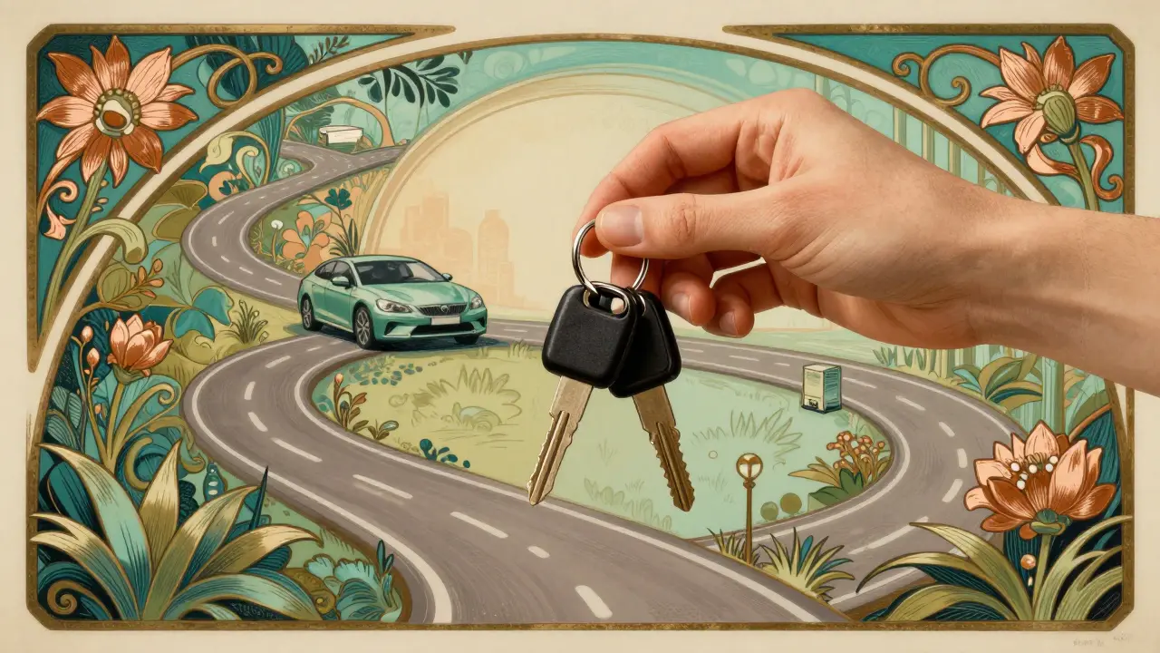 Chiavi d'auto su strada fiorita, stile Art Nouveau, inizio viaggio