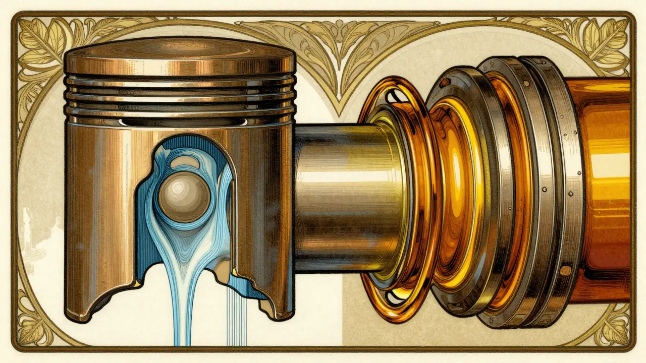 Concetto artistico Art Nouveau che mostra oli viscosi diversi su motori classici vs moderni