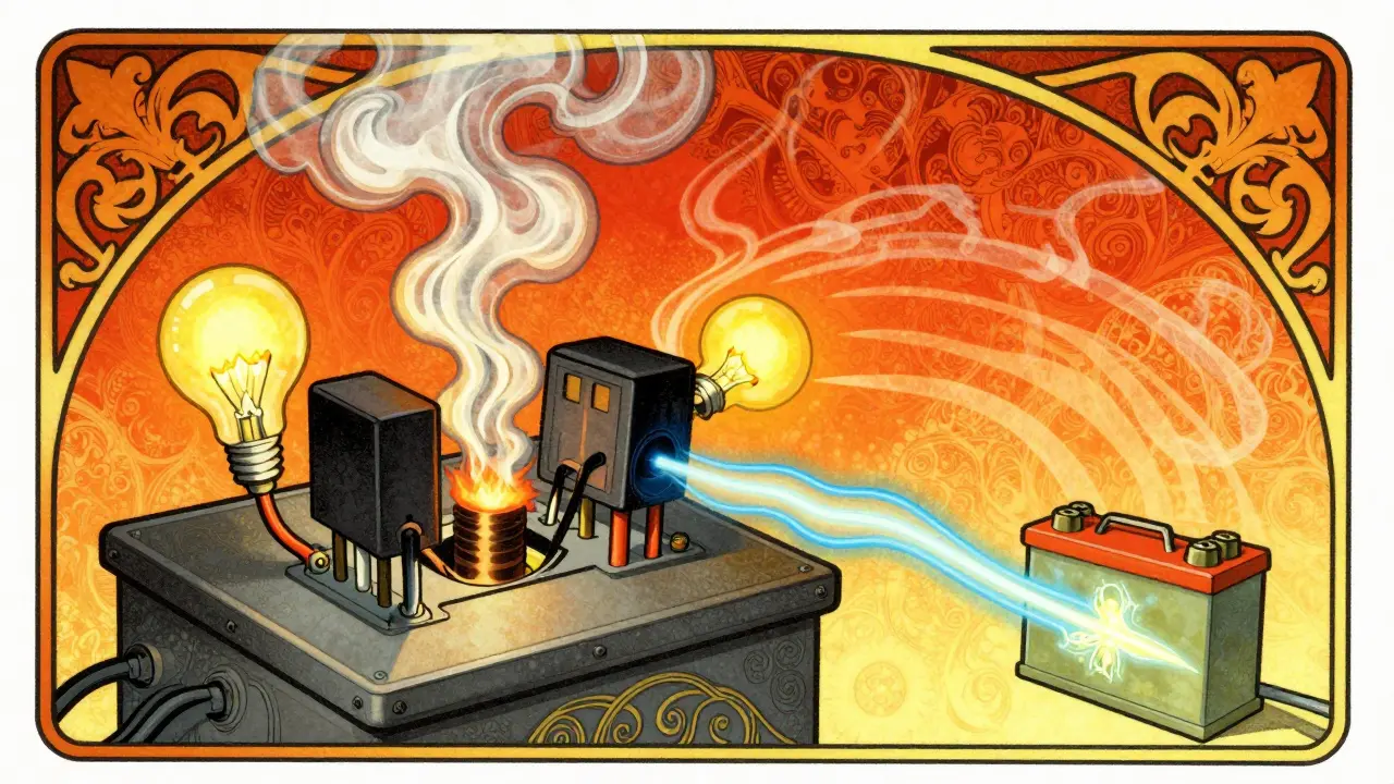 Illustrazione Art Nouveau che mostra i sintomi di un relè guasto: surriscaldamento e luci intermittenti
