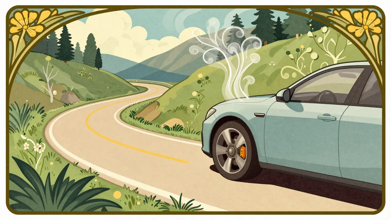 Illustrazione Art Nouveau di auto in discesa con frenata preventiva