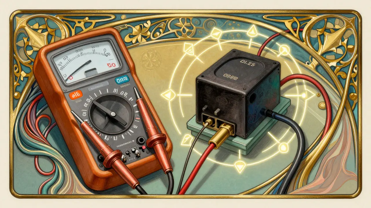 Illustrazione Art Nouveau di strumenti diagnostici che testano la resistenza e continuità di un relè