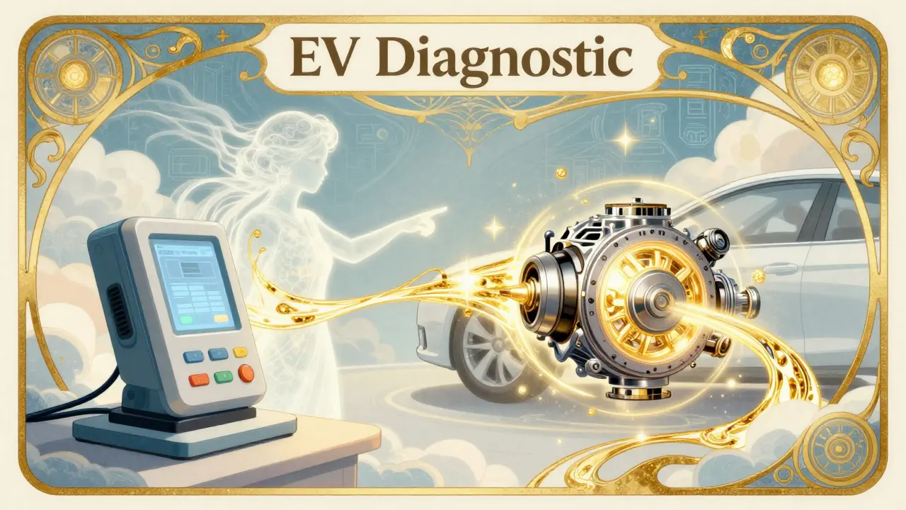 Illustrazione Art Nouveau: futuro diagnostica EV con intelligenza artificiale e dati predittivi stilizzati