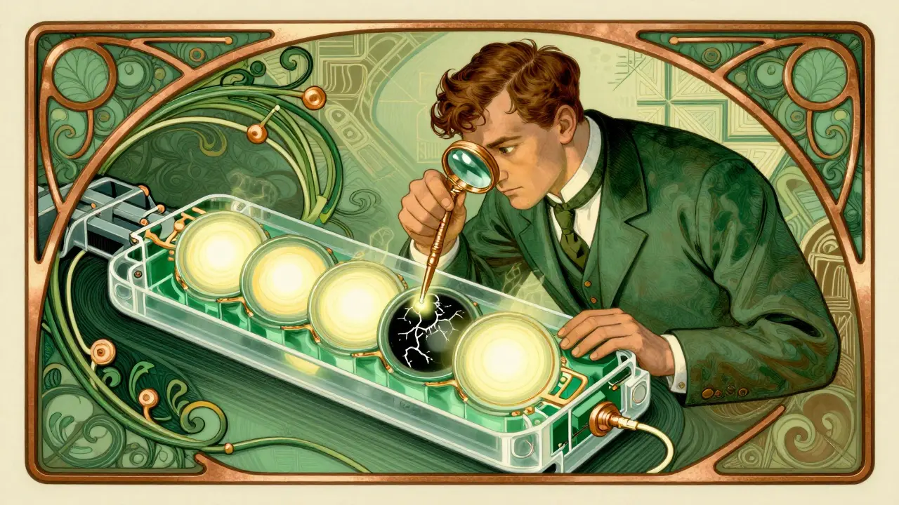 Illustrazione Art Nouveau: tecnico che analizza celle della batteria EV con precisione e dettagli ornamentali