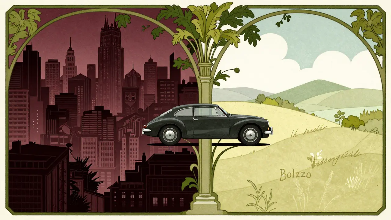 Illustrazione che confronta paesaggi urbani caotici e rurali sereni per mostrare l'impatto territoriale.