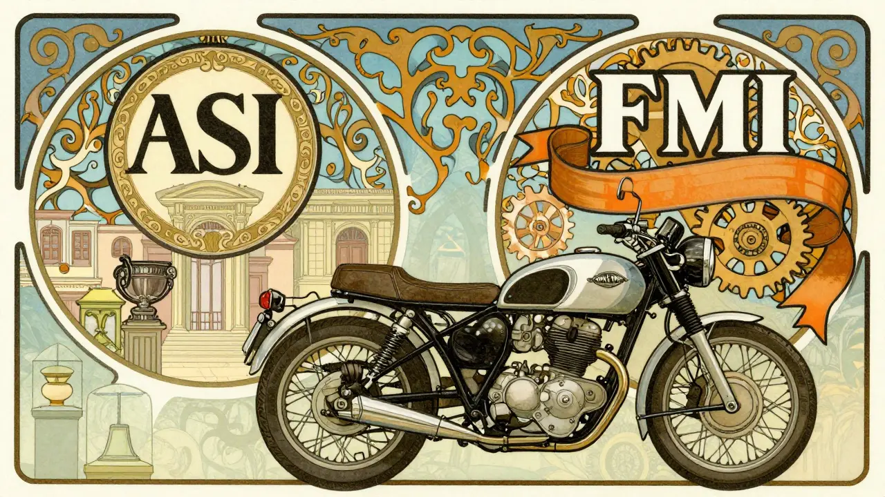 Illustrazione stilizzata che confronta le certificazioni ASI e FMI per moto storiche.