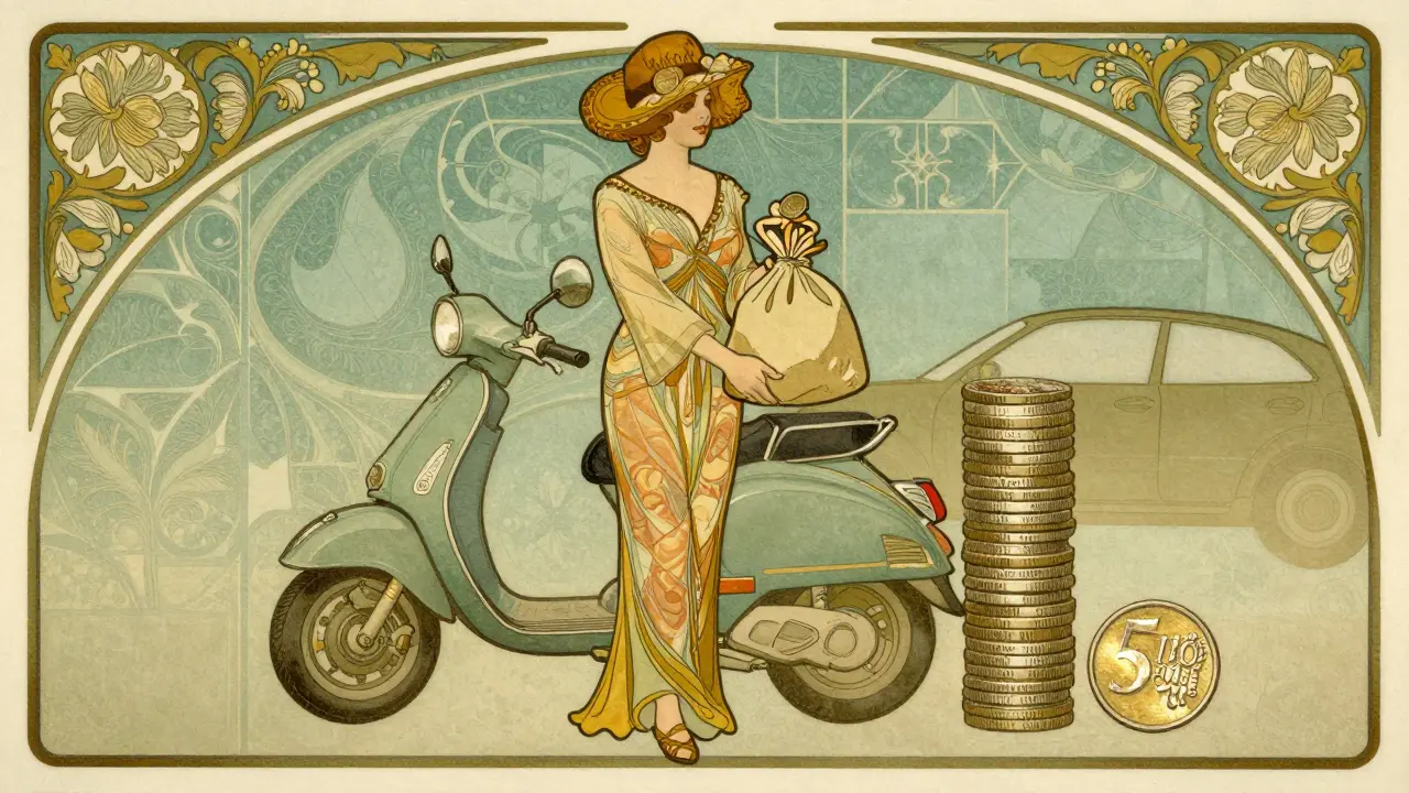 Illustrazione stilizzata che mostra i risparmi economici dello scooter rispetto all'auto