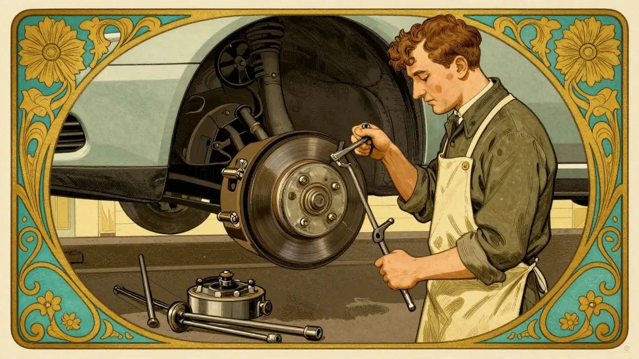Meccanico che controlla i freni in officina, illustrazione decorativa Art Nouveau