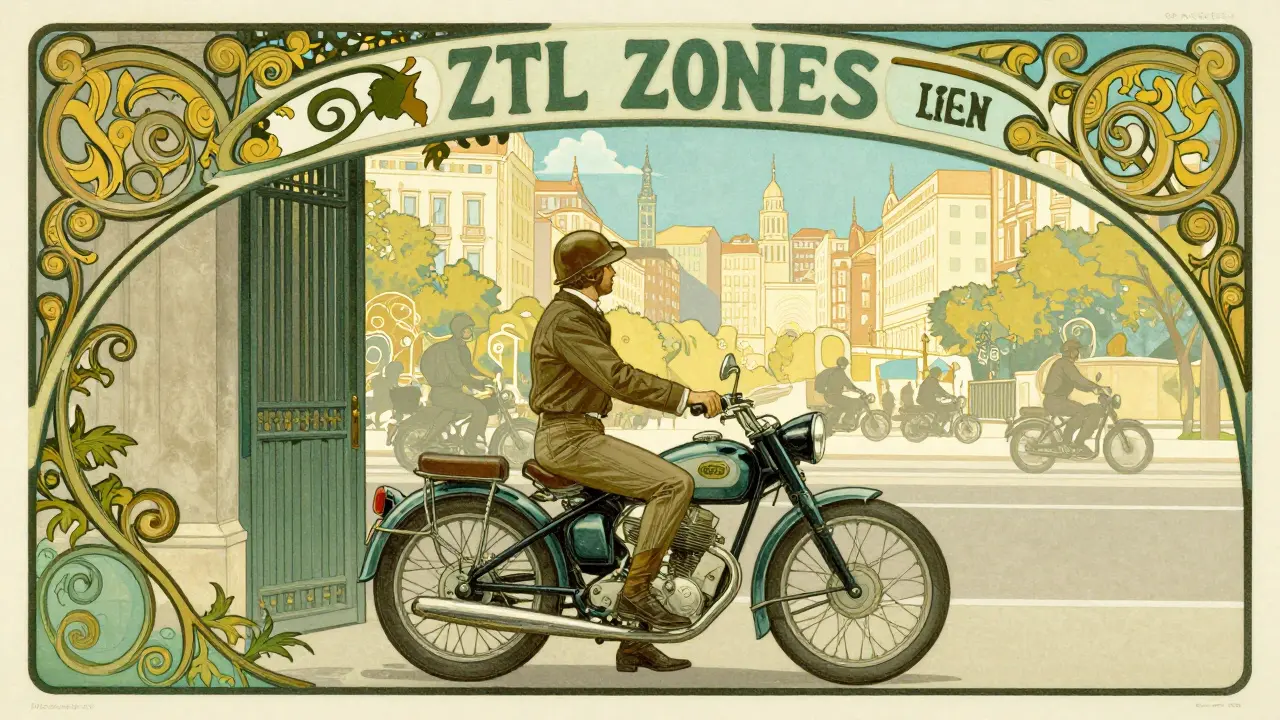 Moto storica in città con elementi decorativi che rappresentano l'accesso alle ZTL.