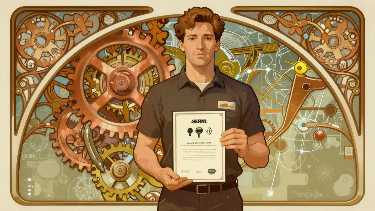 Proprietario officina con certificazione SERMI tra ingranaggi e nodi digitali stilizzati