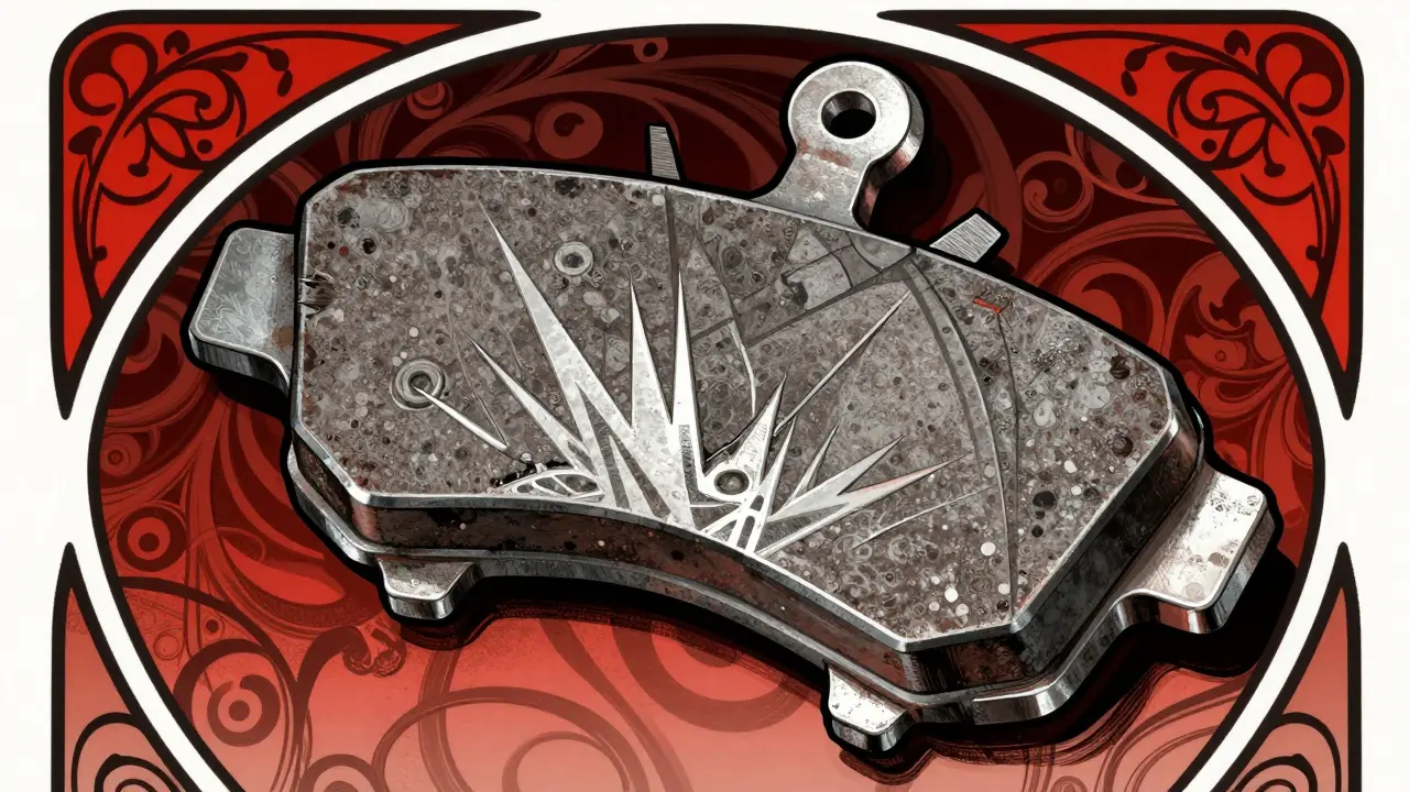 Rappresentazione artistica Art Nouveau di pastiglie freno consumate e metallo nudo