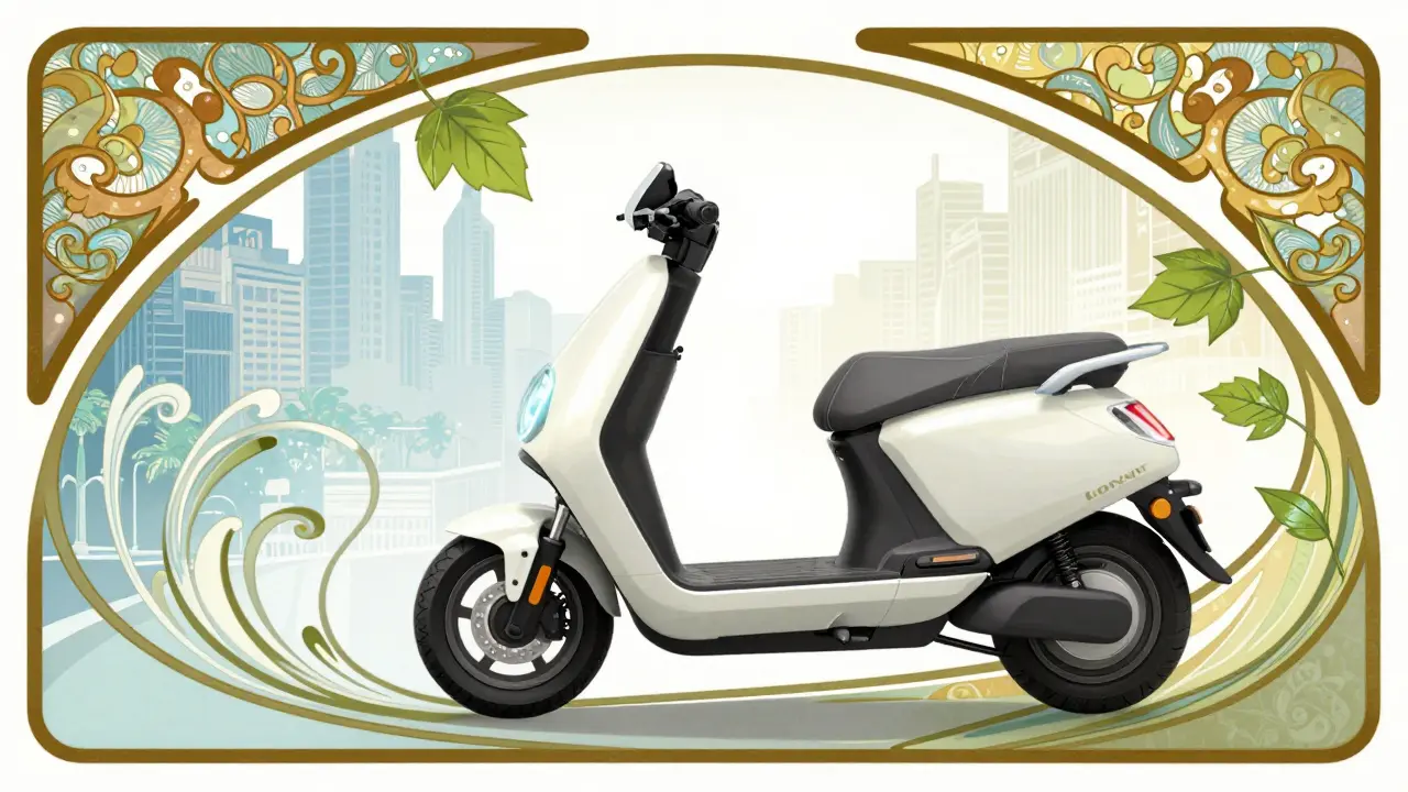 Scooter elettrico futuristico circondato da foglie e vento per simboleggiare la sostenibilità