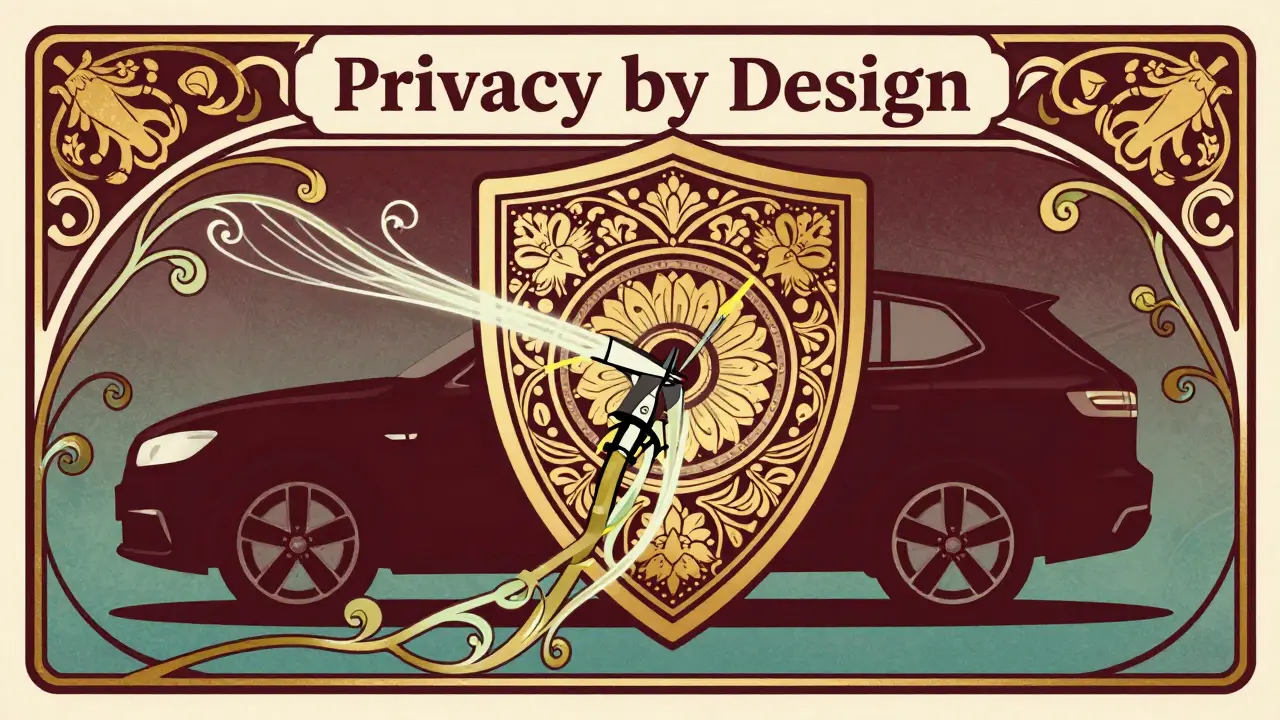 Scudo decorativo Art Nouveau che protegge un'auto da flussi di dati personali