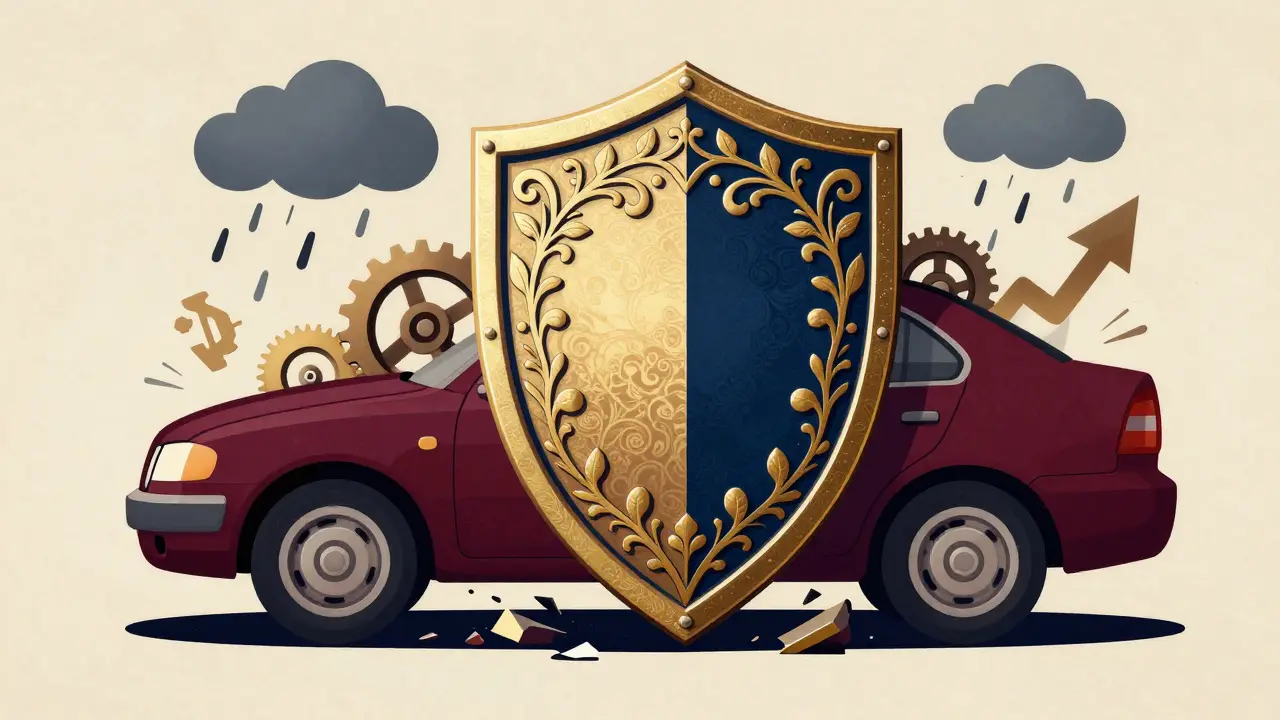 Scudo decorativo protegge l'auto da guasti e rischi, illustrazione elegante