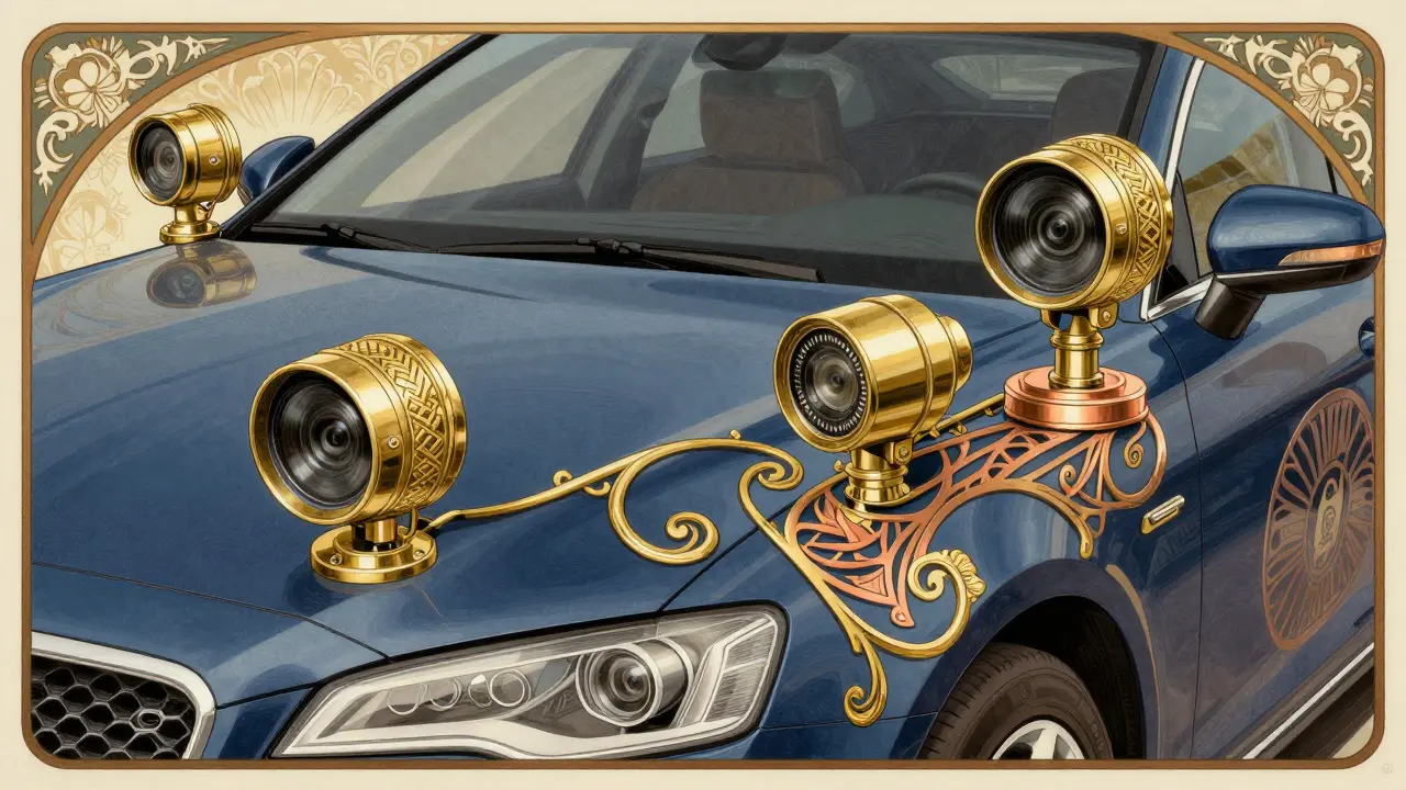 Sensori ADAS raffigurati come meccanismi intricati e decorativi su un'auto