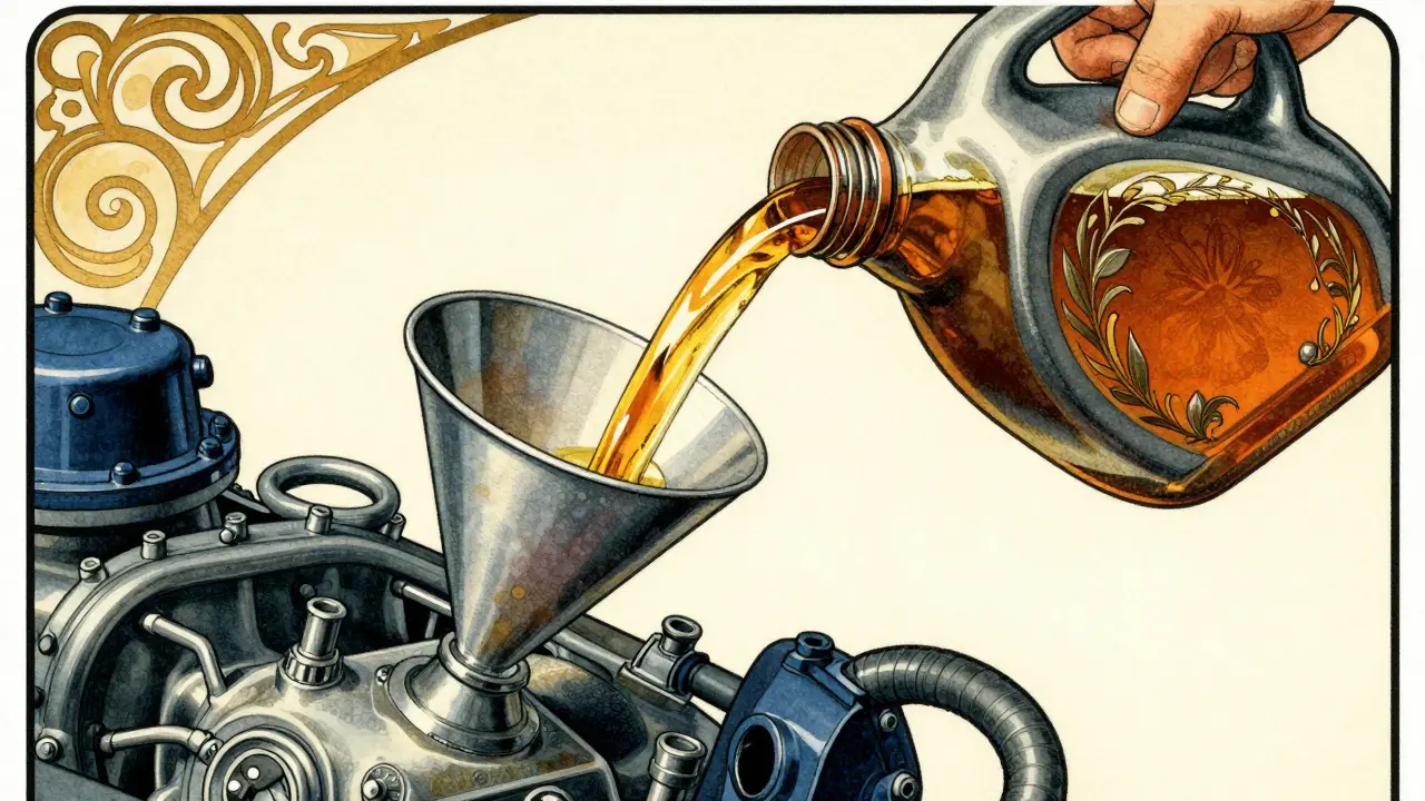 Versare olio nel motore con imbuto, illustrazione decorativa