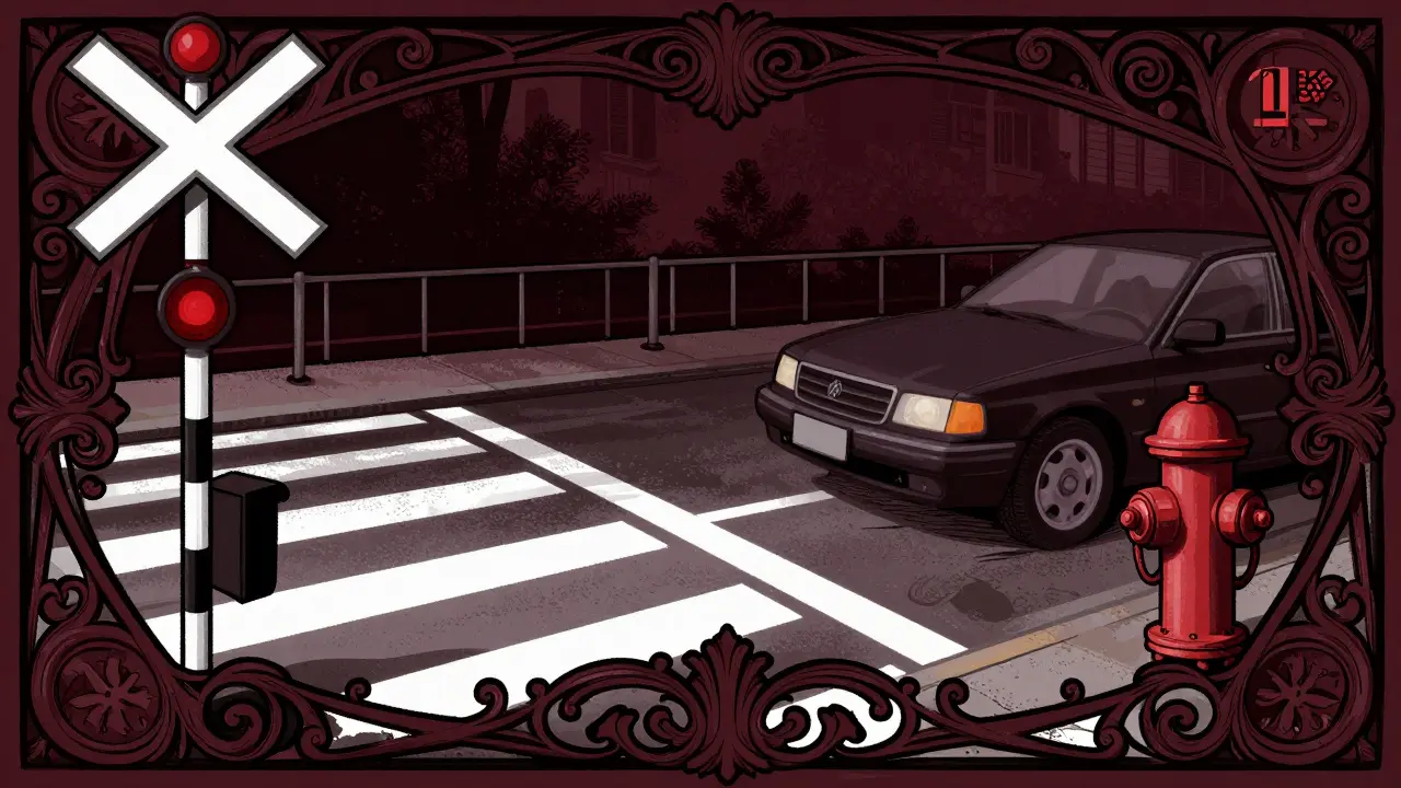 Zone di divieto di sosta come passaggi a livello e idranti illustrate artisticamente