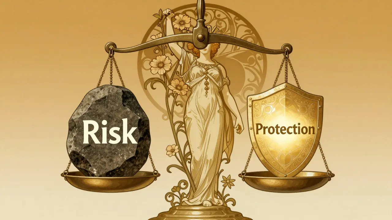 Bilancia simbolica tra rischio e protezione in stile Art Nouveau
