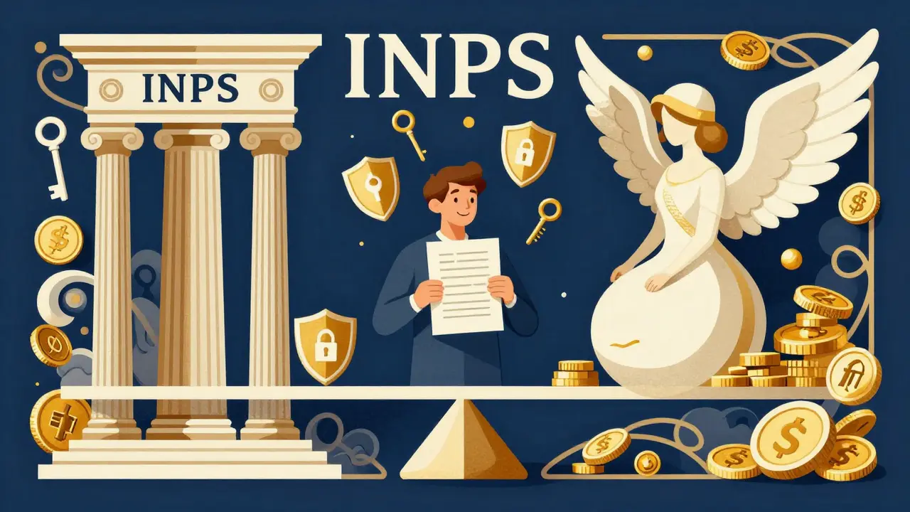 Bilancio tra indennità INPS e assicurazione privata, stile poster pubblicitario elegante