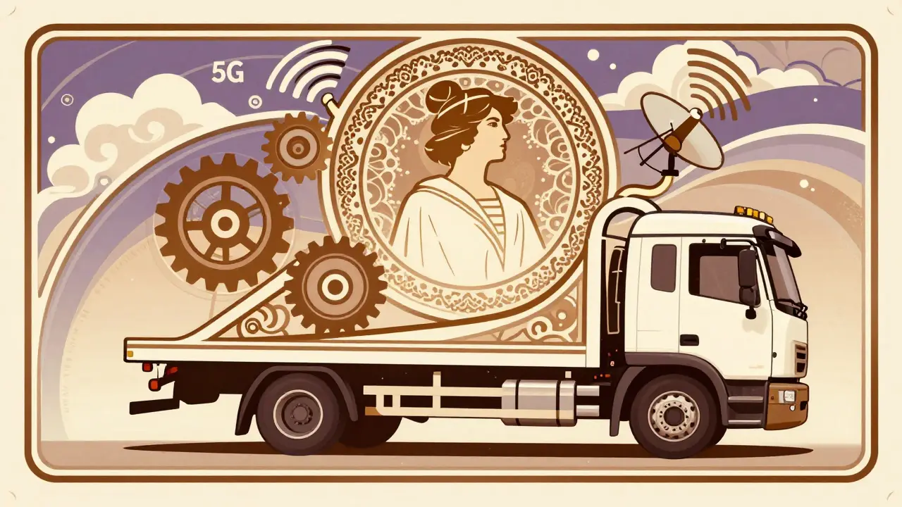 Carro attrezzi elegante con rete di connessione 5G stilizzata
