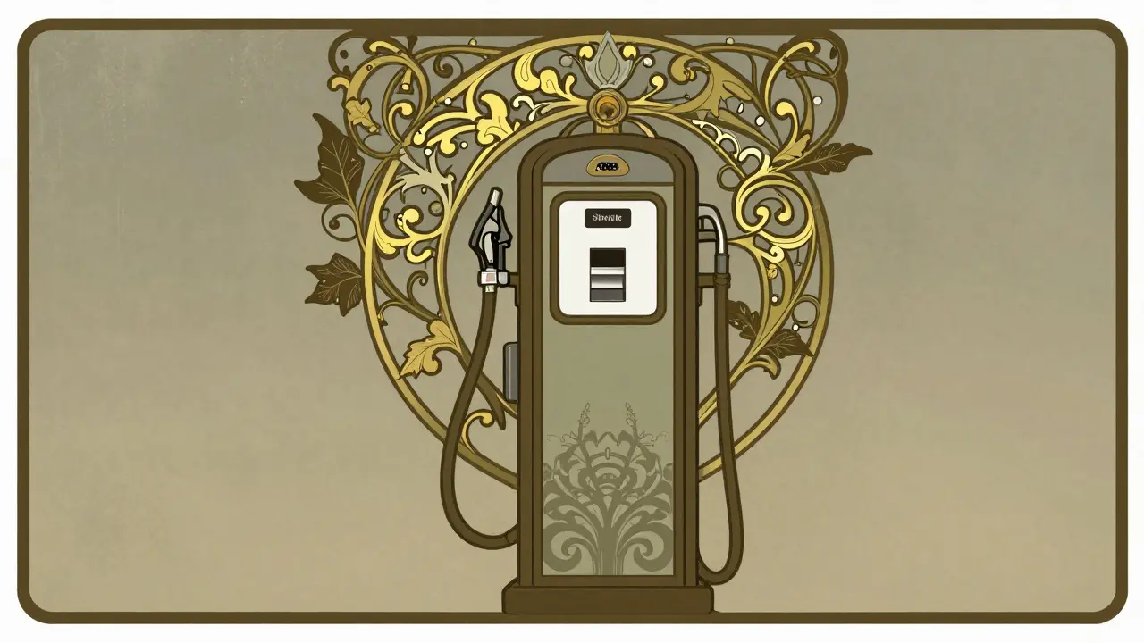 Design Art Nouveau con una pompa del carburante stilizzata e decorazioni floreali intrecciate, tonalità terrose smorzate con accenti dorati e composizioni simmetriche.