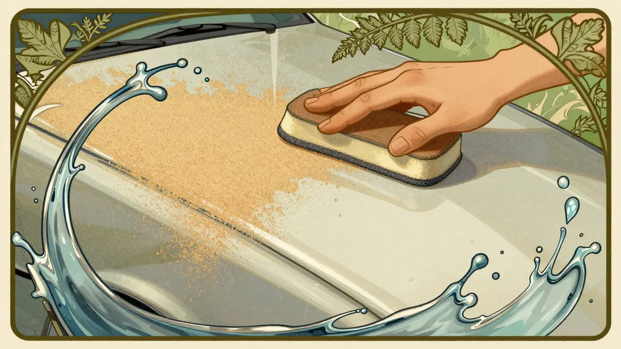Dettaglio in stile Art Nouveau del processo di wet sanding: una mano con un blocchetto di supporto livella la superficie dell'auto, trasformando la texture ruvida in uno specchio perfetto, circondata da nastri d'acqua stilizzati.