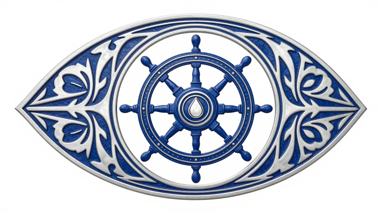 Emblema decorativo Art Nouveau che combina volante e goccia di carburante, circondato da pattern floreali complessi, schema cromatico blu scuro e argento.