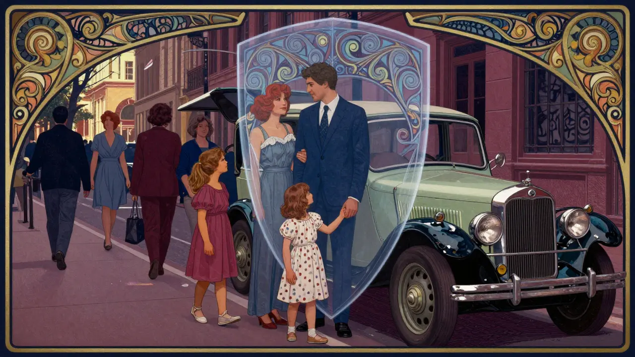 Famiglia protetta da uno scudo decorativo vicino all'auto, copertura assicurativa completa