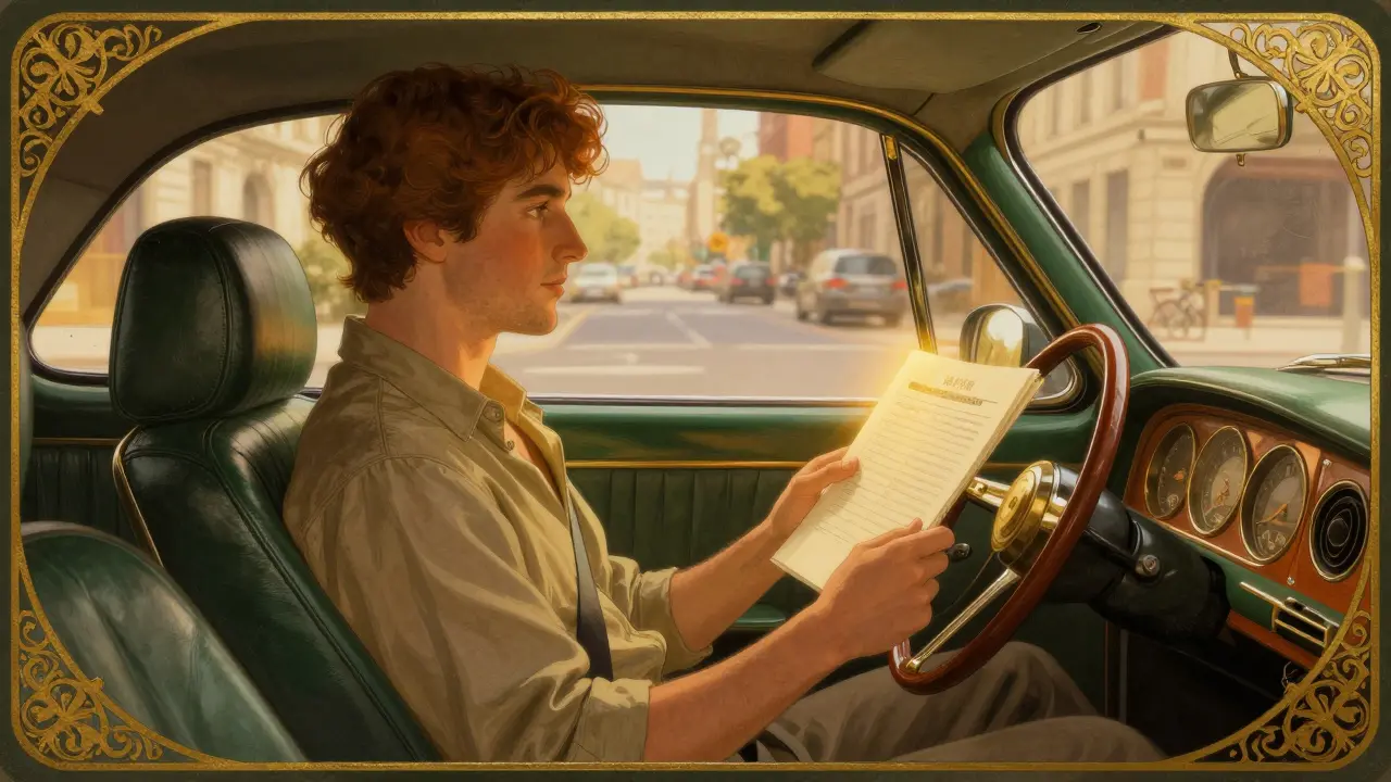Guida serena che controlla documenti finanziari nell'auto