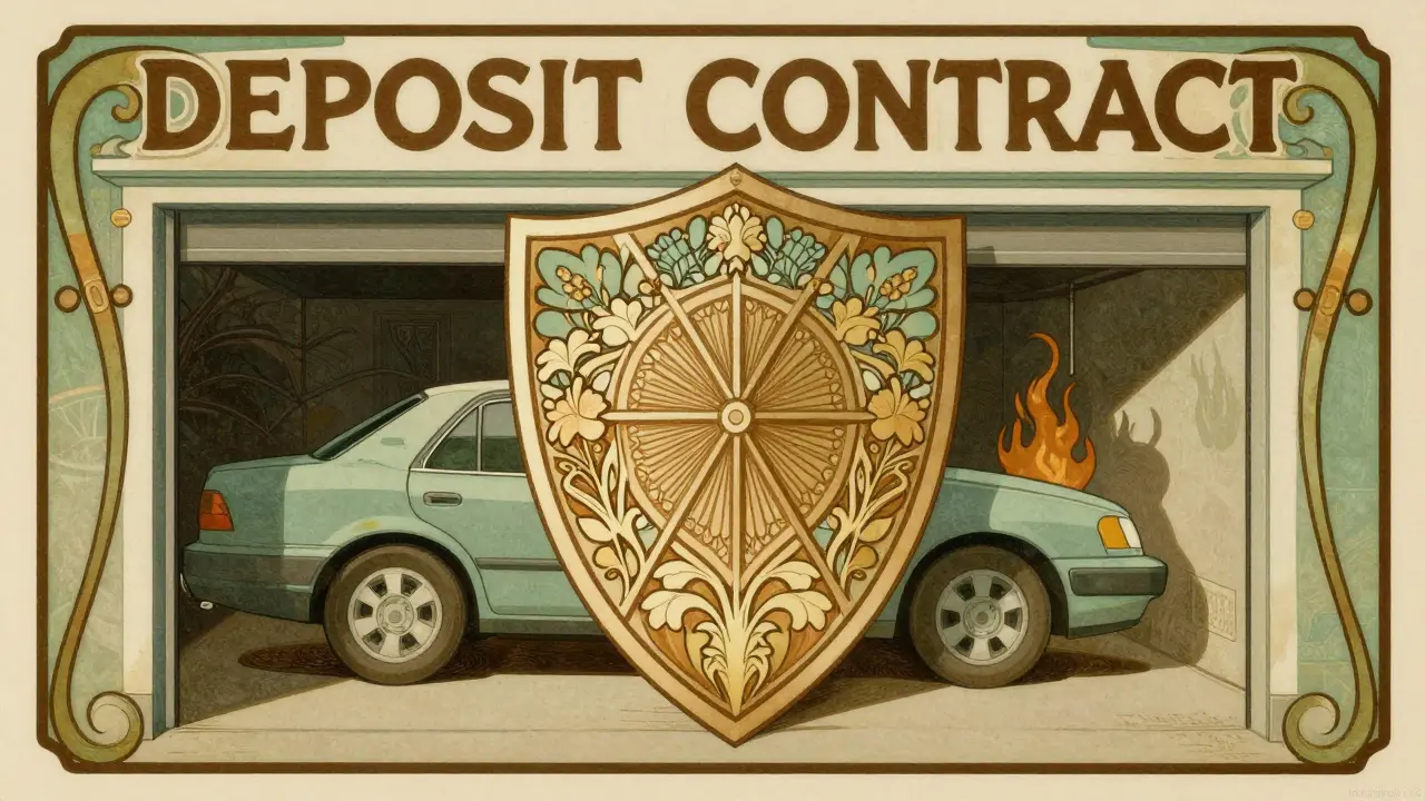 Illustrazione Art Nouveau: scudo legale protegge l'auto in officina