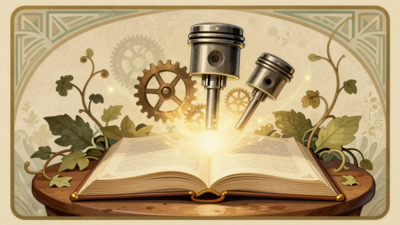 Illustrazione stile Liberty: manuale auto luminoso che protegge i componenti meccanici del motore