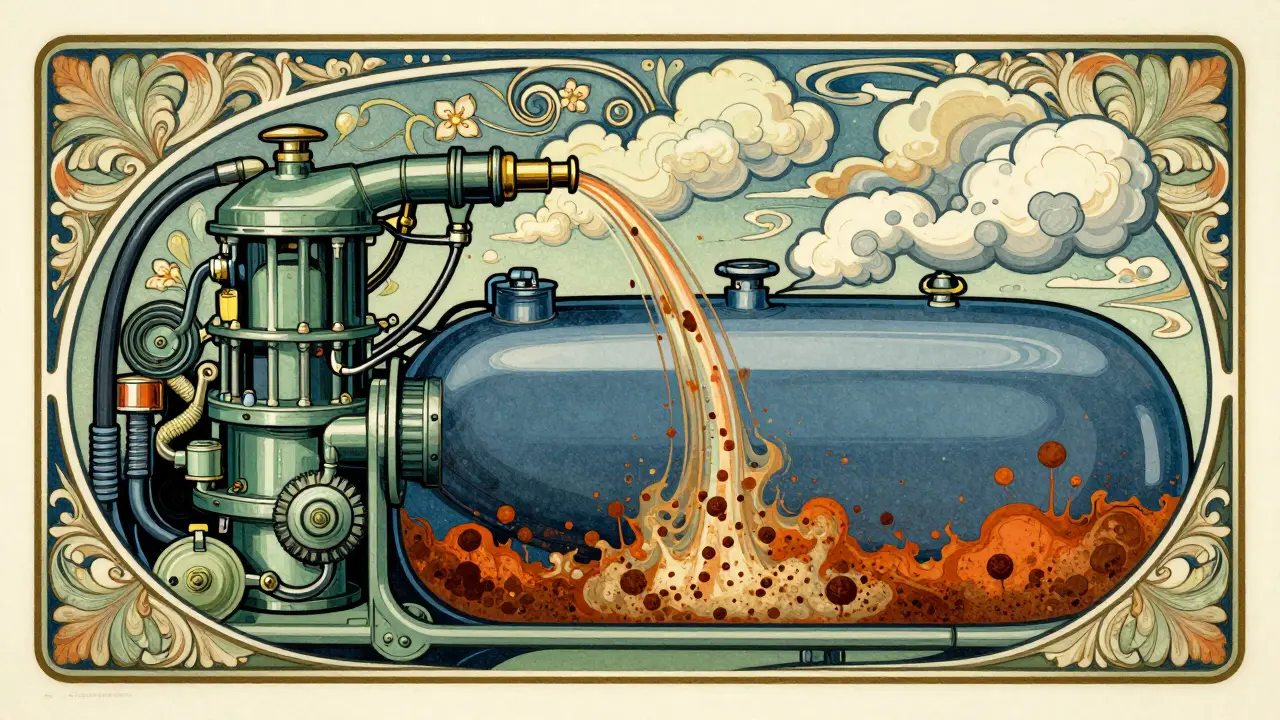 Illustrazione stilizzata di sedimenti nel serbatoio che ostruiscono gli iniettori