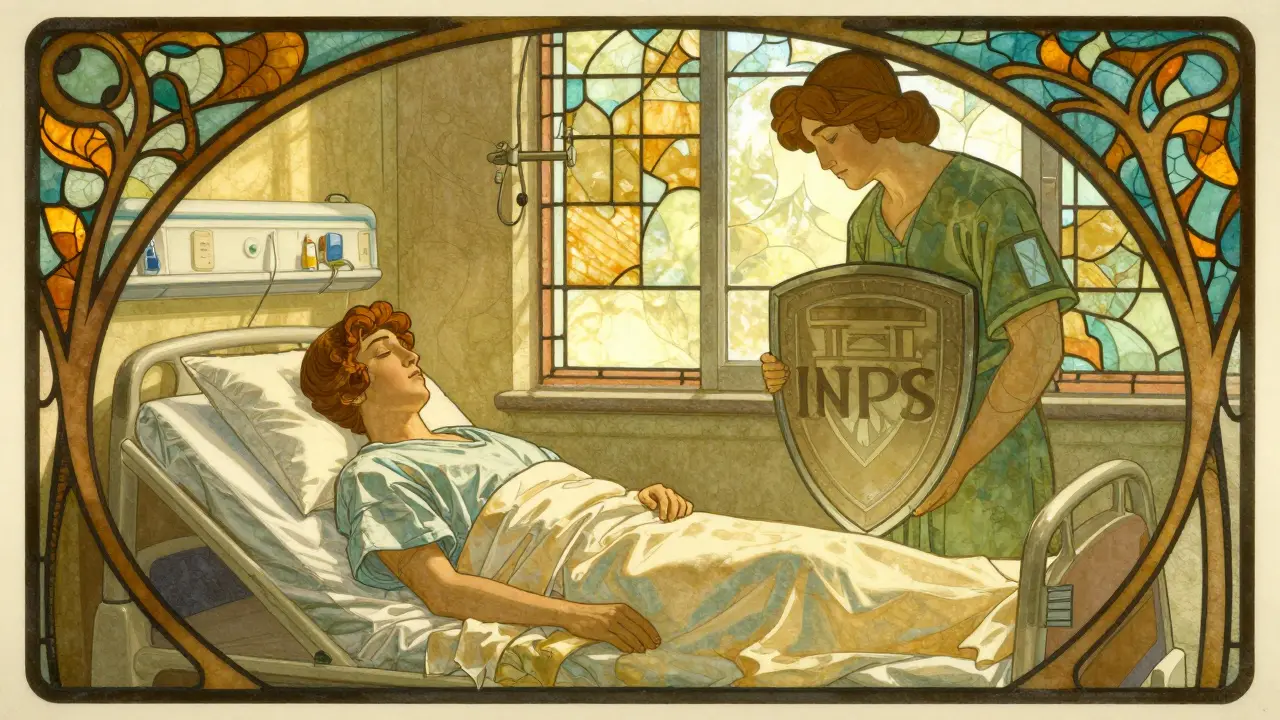 Paziente in ospedale protetto da simbolo INPS, illustrazione decorativa Art Nouveau