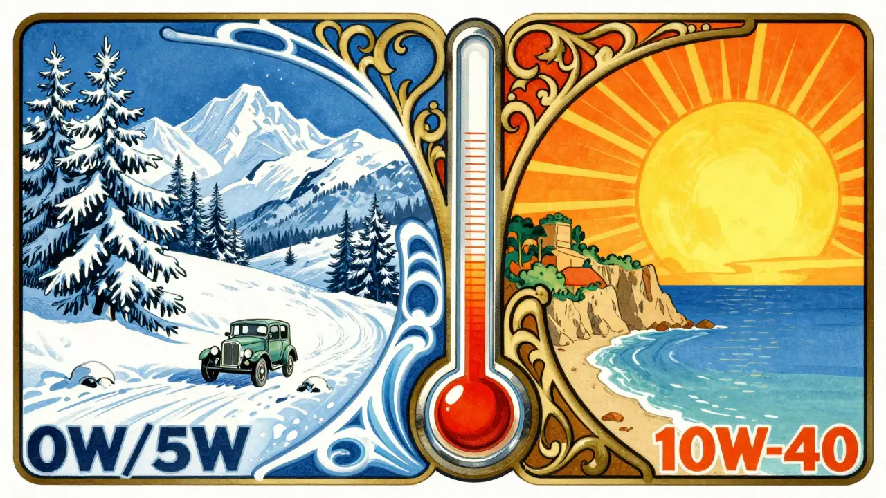Poster stile Liberty: contrasto tra clima alpino freddo e costa siciliana calda per l'olio motore