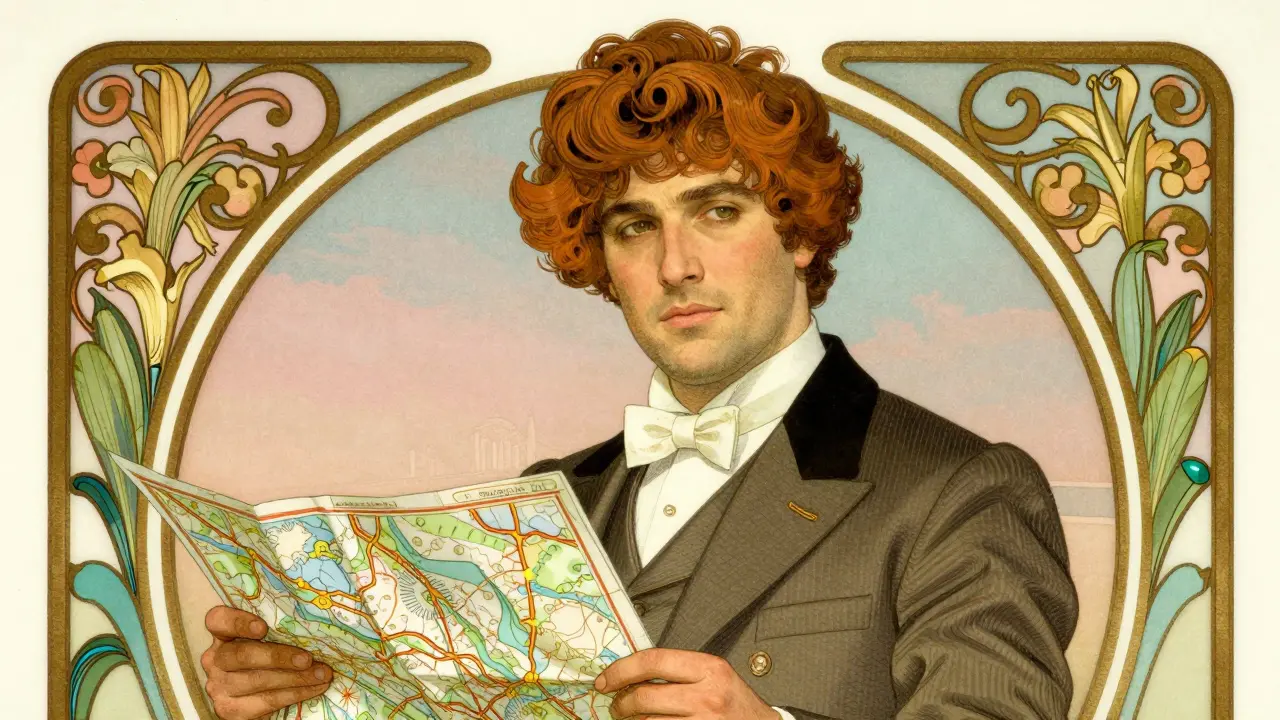 Ritratto elegante Art Nouveau di un automobilista che tiene una mappa, incorniciato da motivi botanici elaborati, sfondo pastello morbido con dettagli ricchi.