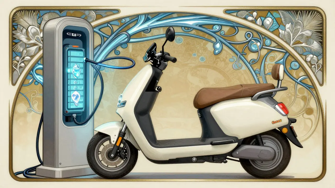 Scooter elettrico in carica stile Art Nouveau