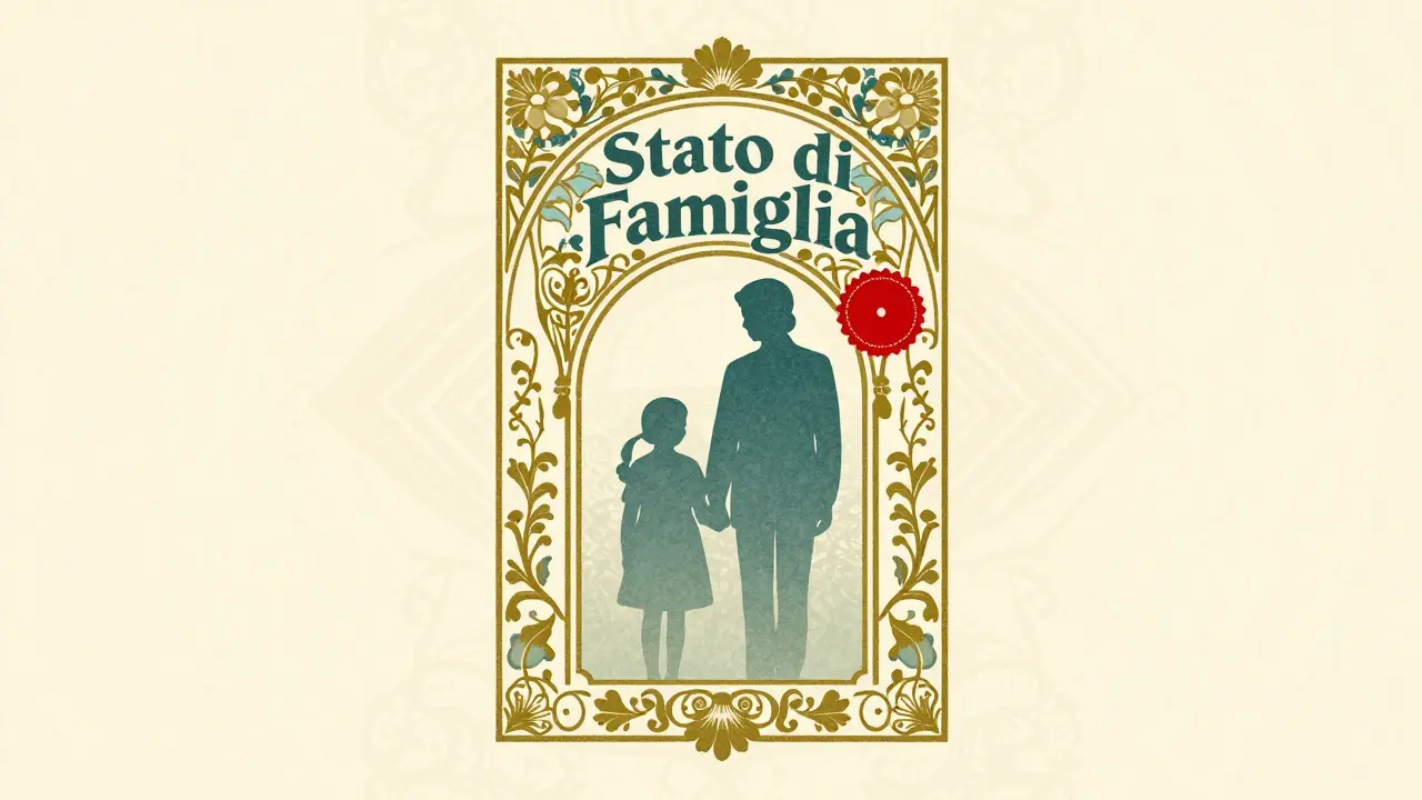 Documento Stato di Famiglia stilizzato in stile Art Nouveau con silhouette familiari