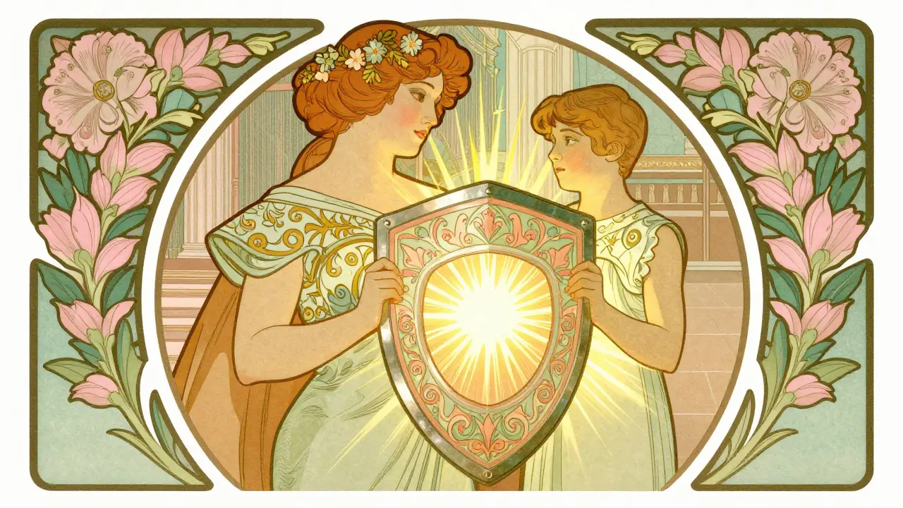 Figura protettiva Art Nouveau che illustra il vantaggio della Legge Bersani per i giovani guidatori