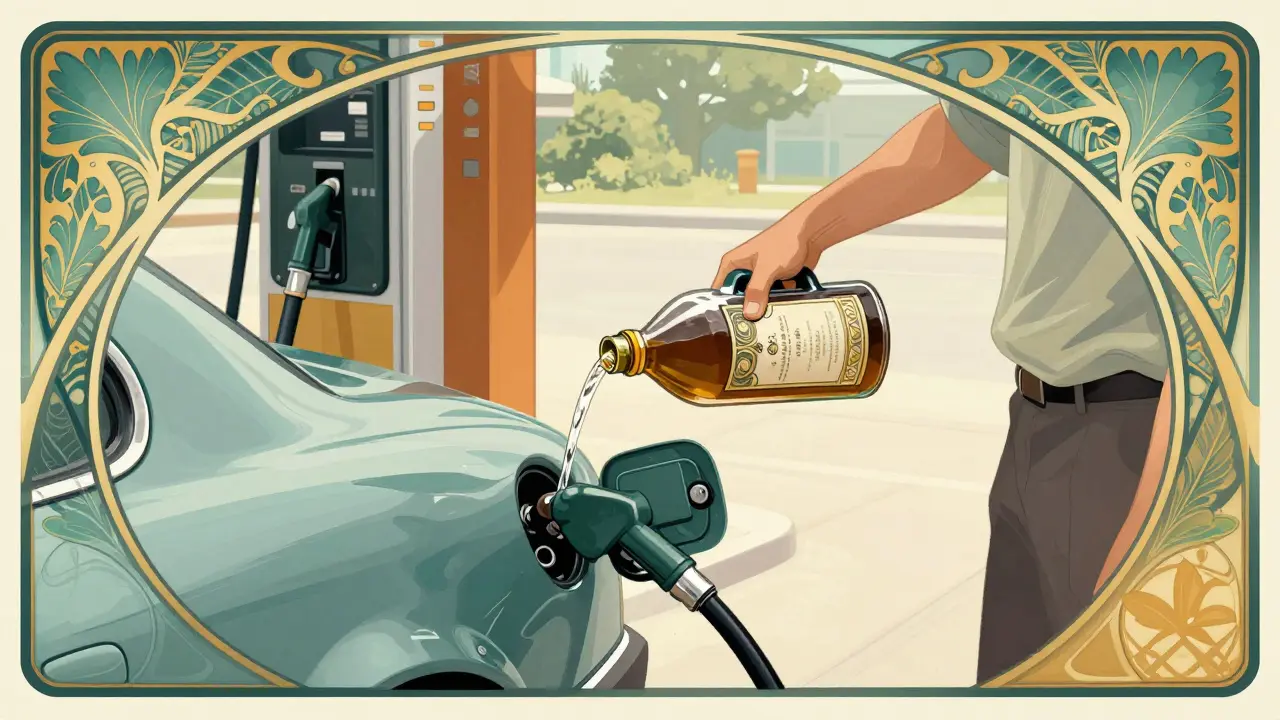 Guida che versa additivo nel serbatoio, illustrazione decorativa Art Nouveau