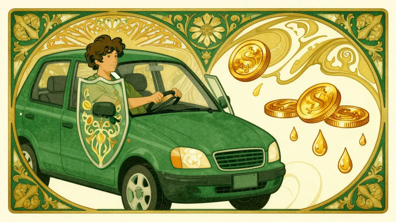 Guida sicura e risparmio costi illustrati in stile Art Nouveau