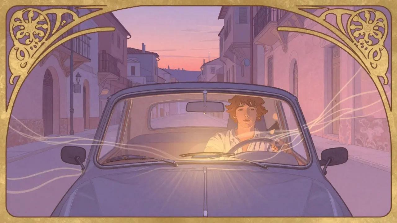 Guida sicura e serena illustrata in stile pubblicitario Art Nouveau