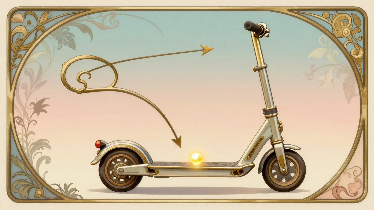 Illustrazione Art Nouveau che spiega il concetto di baricentro. Un punto dorato luminoso indica il centro di gravità basso vicino alla ruota posteriore dello scooter. Frecce stilizzate a forma di viti mostrano stabilità ed equilibrio. Lo scooter ha un design ornamentale e metallico. Sfondo pastello con elementi botanici. Elegante e educativo.