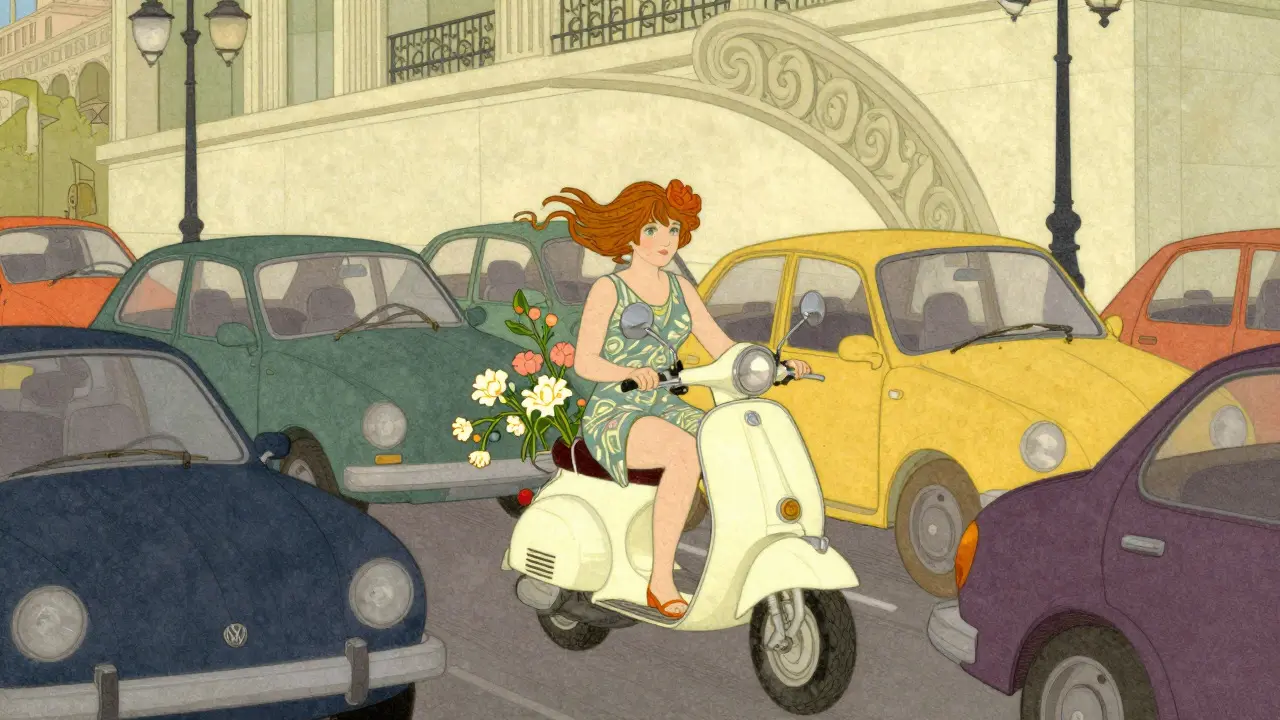 Illustrazione Art Nouveau di uno stile di vita. Un pilota su uno scooter naviga attraverso un ingorgo urbano stilizzato. Le auto circostanti sono forme pesanti e scure, mentre lo scooter è luminoso e decorato con fiori aerei. Il pilota sembra rilassato e sicuro. Elementi architettonici curvi e lampioni eleganti sullo sfondo. Enfasi sulla libertà e facilità nel caos. Palette vibrante e linee intricate.