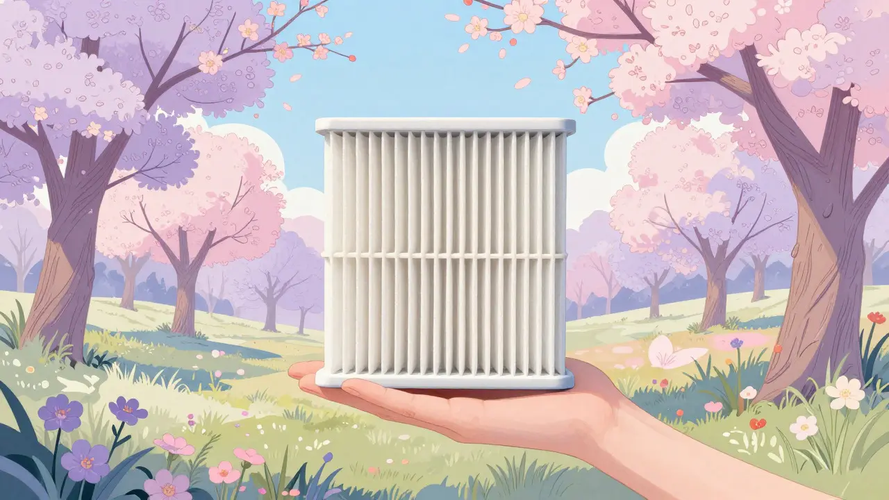 Mano con nuovo filtro d'aria contro sfondo primaverile fiorito