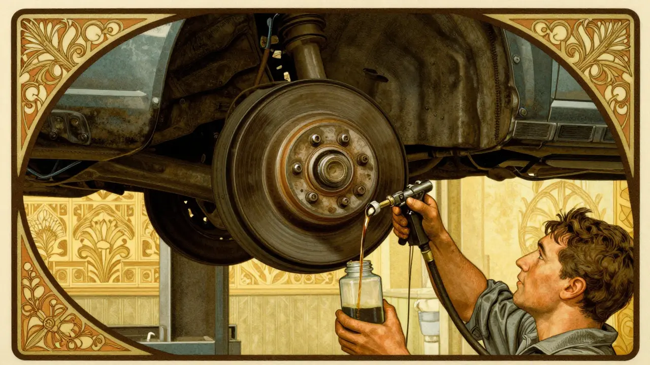 Meccanico che esegue lo spurgo dei freni sotto l'auto, illustrazione decorativa